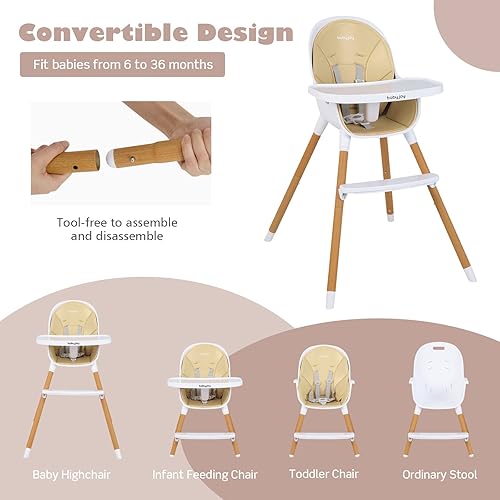 Vista 6 de HONEY JOY Silla alta, silla alta 3 en 1 Eat & Grow con bandeja extraíble, arnés de seguridad, patas de acero, cojín de poliuretano y reposapiés