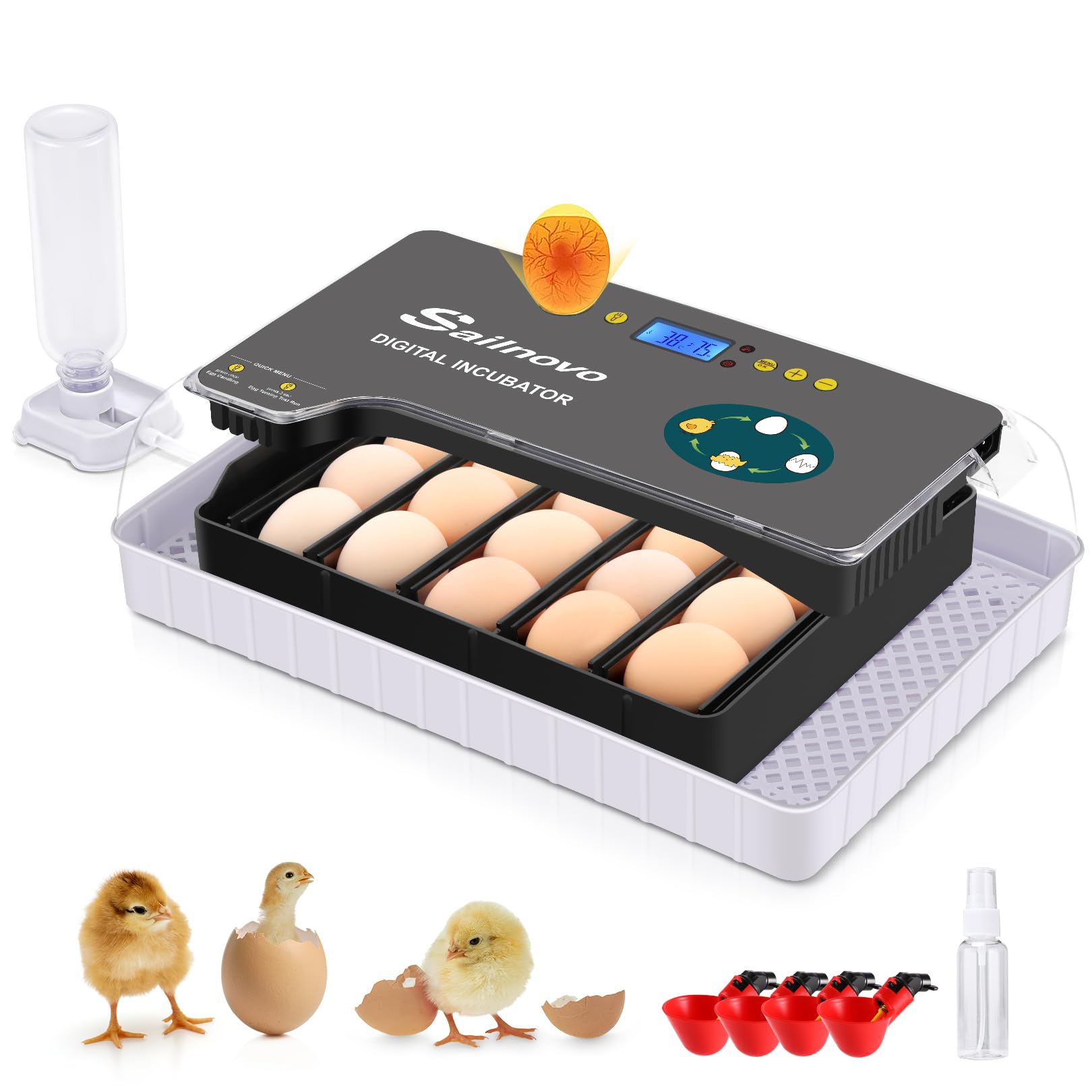 Sailnovo Sailvono 20 Incubateur entièrement automatique, avec ajout d'eau externe, contrôle de la température, éclairage LED, retournement automatique des œufs, de poules - Noir
