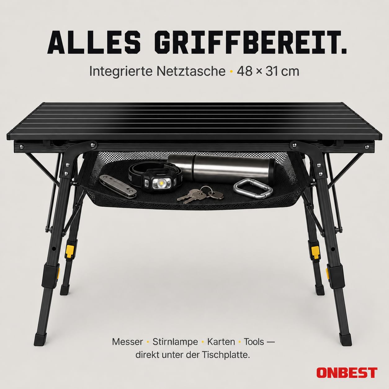 Onbest Campingtisch klappbar – Alu-Klapptisch für 2 Personen | Leichter Campingtisch mit Netztasche und Tragetasche – für Camping, Garten, Angeln, Outdoor, Picknick und Festival