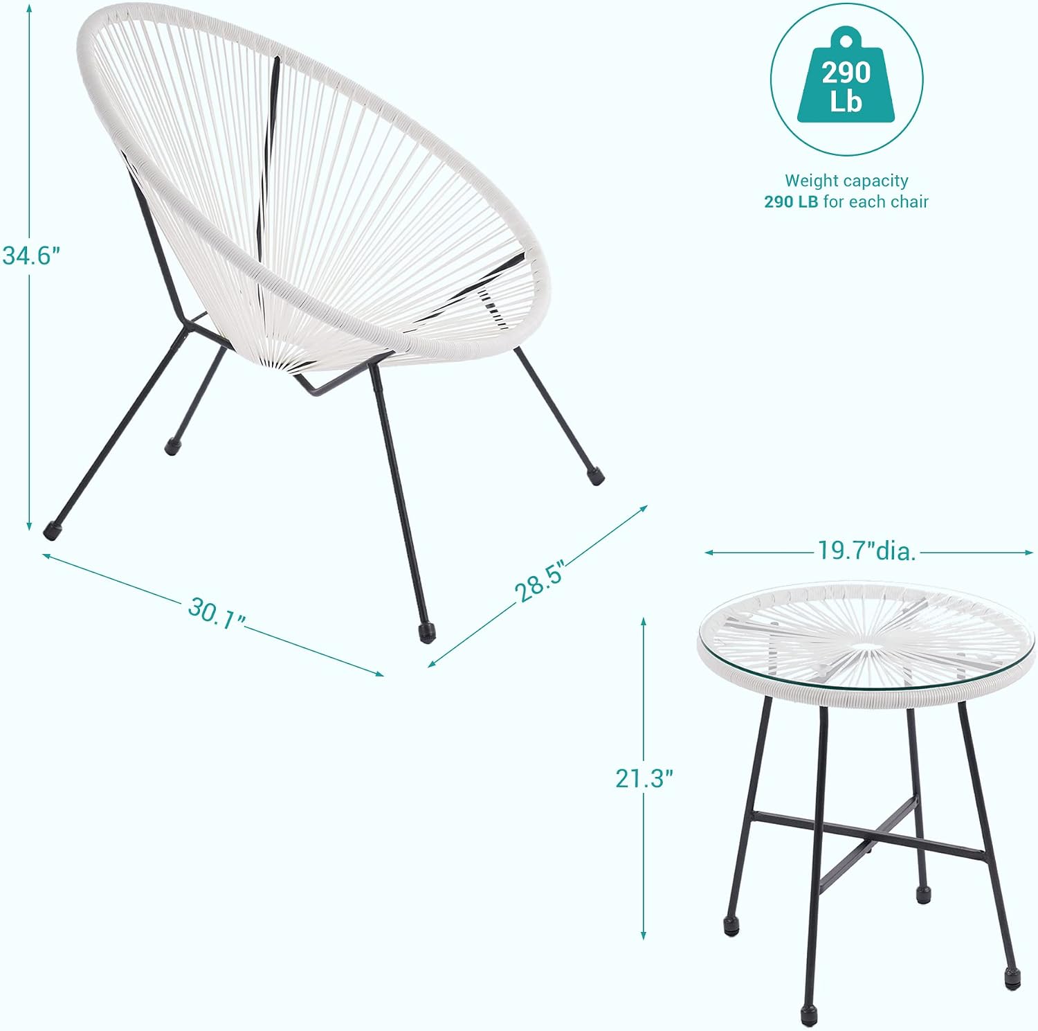 3-Piece Patio Furniture Set Acapulco Chair with Glass Top Table and 2 Chairs, Indoor and Outdoor Seating Set,White