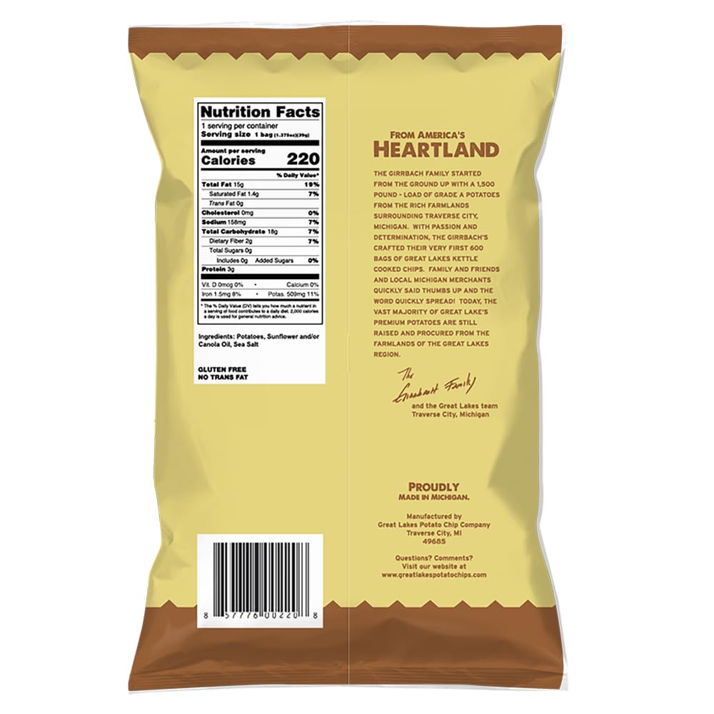 Great Lakes Potato Chip Co. Original Sea Salt Kettle Cooked Potato Chips, Individual Snack Size Case (Pack of 40, 1.375 Oz. Bags)