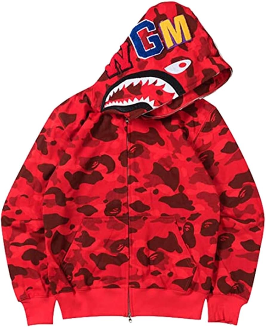 MINIDORAMens Hoodie Shark Hoodie Camo Shark 3D Print FullZIP Jacket Sweatshirt Camouflage for Men Teen