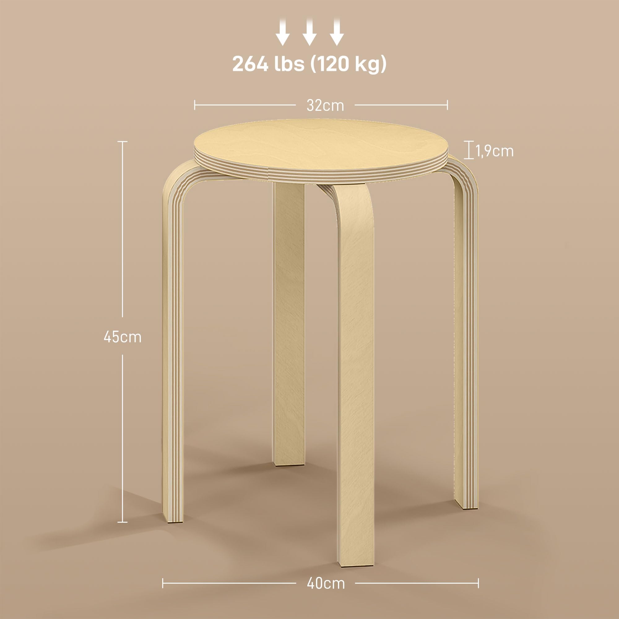 HOMCOM Taburetes Apilables Juego de 4 Taburetes Multiusos Madera Redondos Carga 120 kg para Cocina Salón Dormitorio Estudio Ø40x45 cm Madera Natural