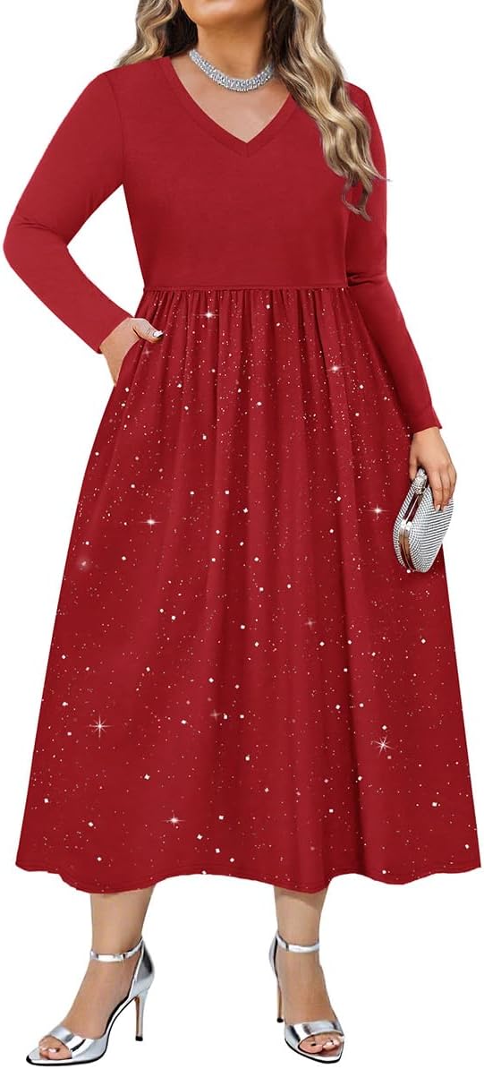 CARCOS Plus Size Dresses for Curvy Women V Neck Long Sleeve Patchwork Casual Wedding Cocktail Dress with Pocket XL-5XL