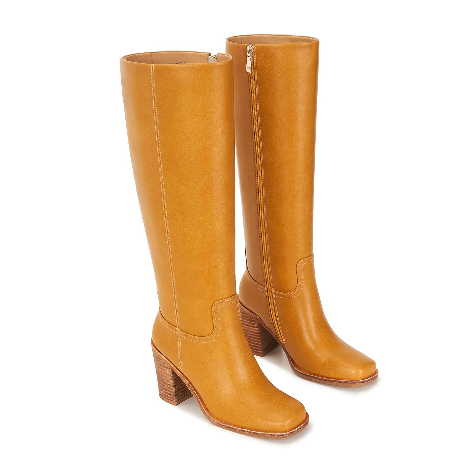 Knee High Boots Women Slightly Wider Calf Faux Leather Tall Dress Boots with Square Toe 3 4 Block