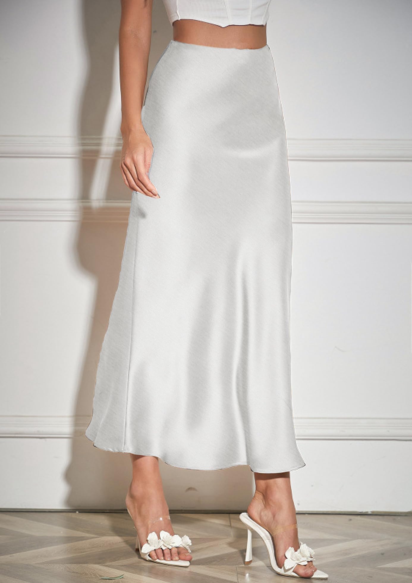 Falda de Satén para Mujer Cintura Alta Elástica Midi Casual A-Línea con Cremallera Elegante Larga Maxi Plisada Fiesta Otoño