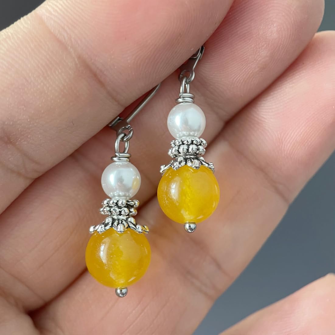 Silver Pearl Stone Two Beads Drop Earrings,Genuine Real Crystal Quartz Gemstone Dangle Dangling Earrings,Boho Bohemian Beading Jewelry for Women Her - Image 2