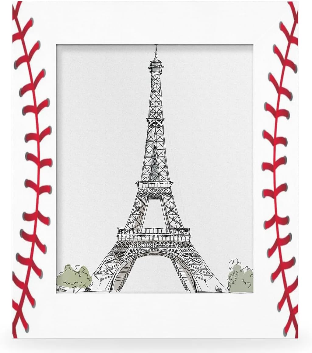 5x7 in Picture Frame Baseball Red White Stitching, Solid Wood With Mat Wooden Photo Frames, Photo Frames for Wall Mounting or Standing Table Top Family Baby Grandma Office Hotel Decoration