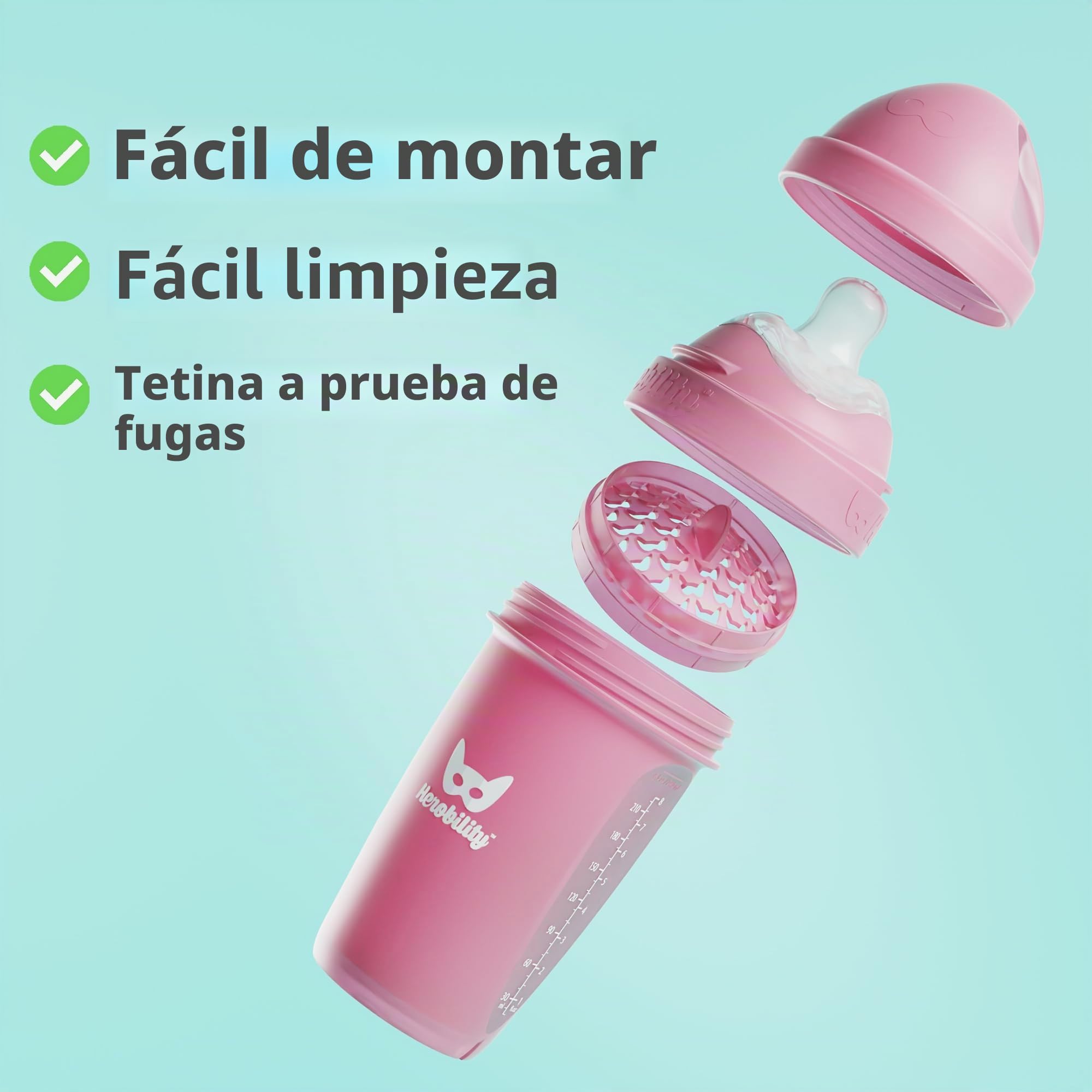Biberones anticólicos Herobility Double – 140 ml (5 fl oz) – Paquete de 4 – Biberones multicolores Blanca, gris, rosa, rosa de espin,