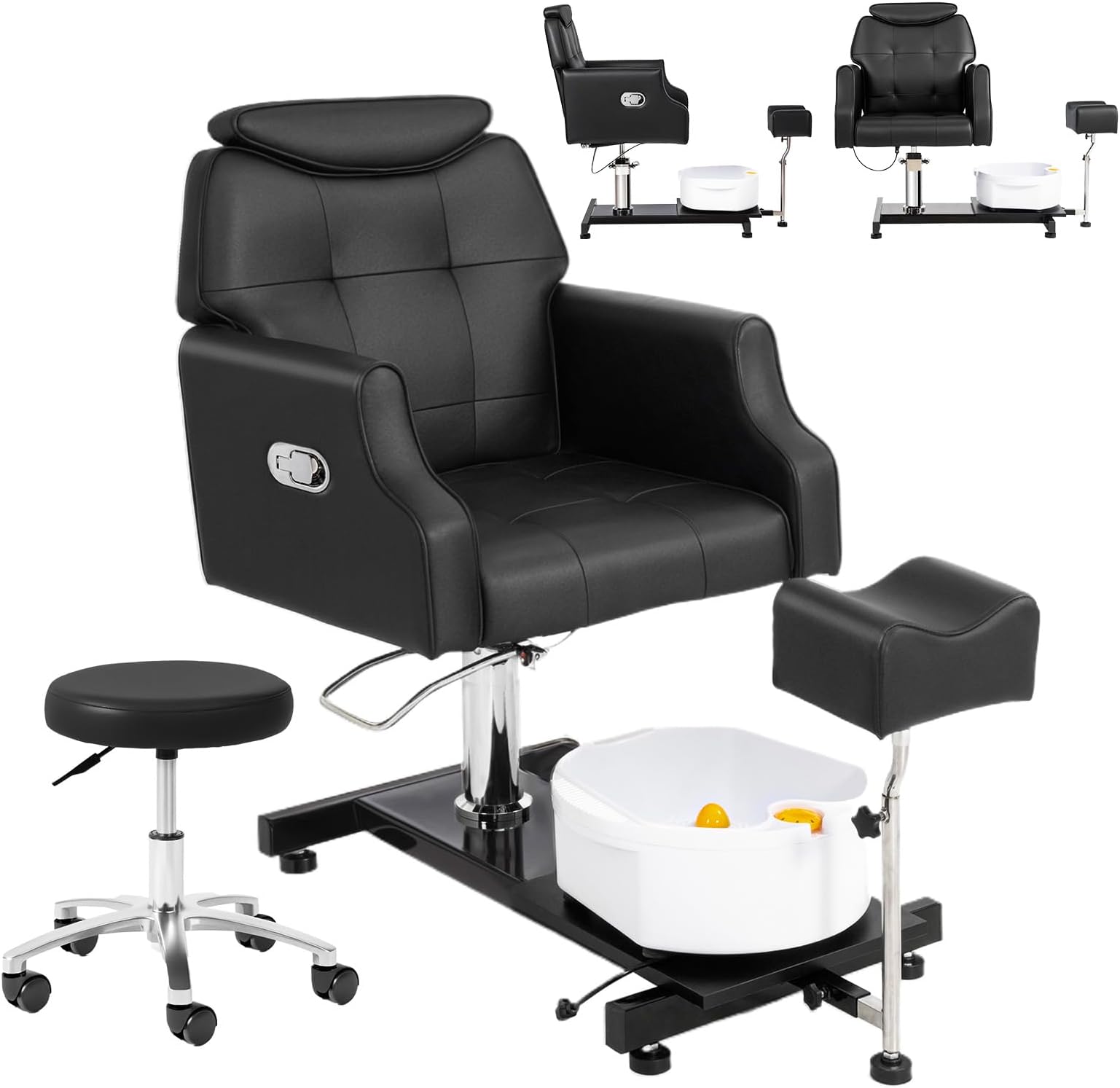 OmySalon Pedicure Chair w/Stool & Bubble Massage Foot Bath, 360° Rotation Hydraulic Adjustable Seat, Pedi Station for Foot Nail Tech Beauty Spa Salon Home Use (Black)