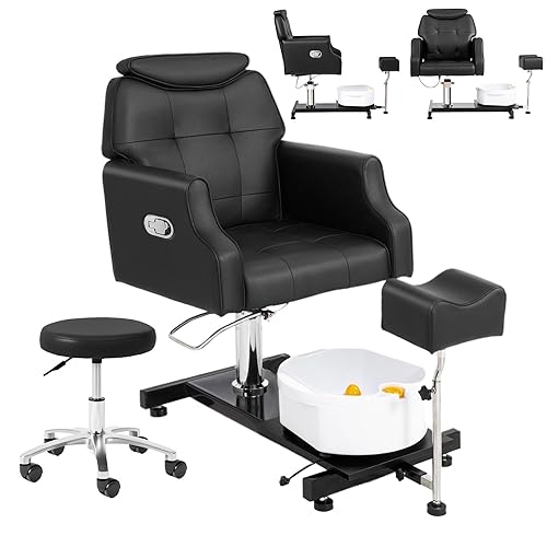 OmySalon Pedicure Chair w/Stool & Bubble Massage Foot Bath, 360° Rotation Hydraulic Adjustable Seat, Pedi Station for Foot Nail Tech Beauty Spa Salon Home Use (Black)