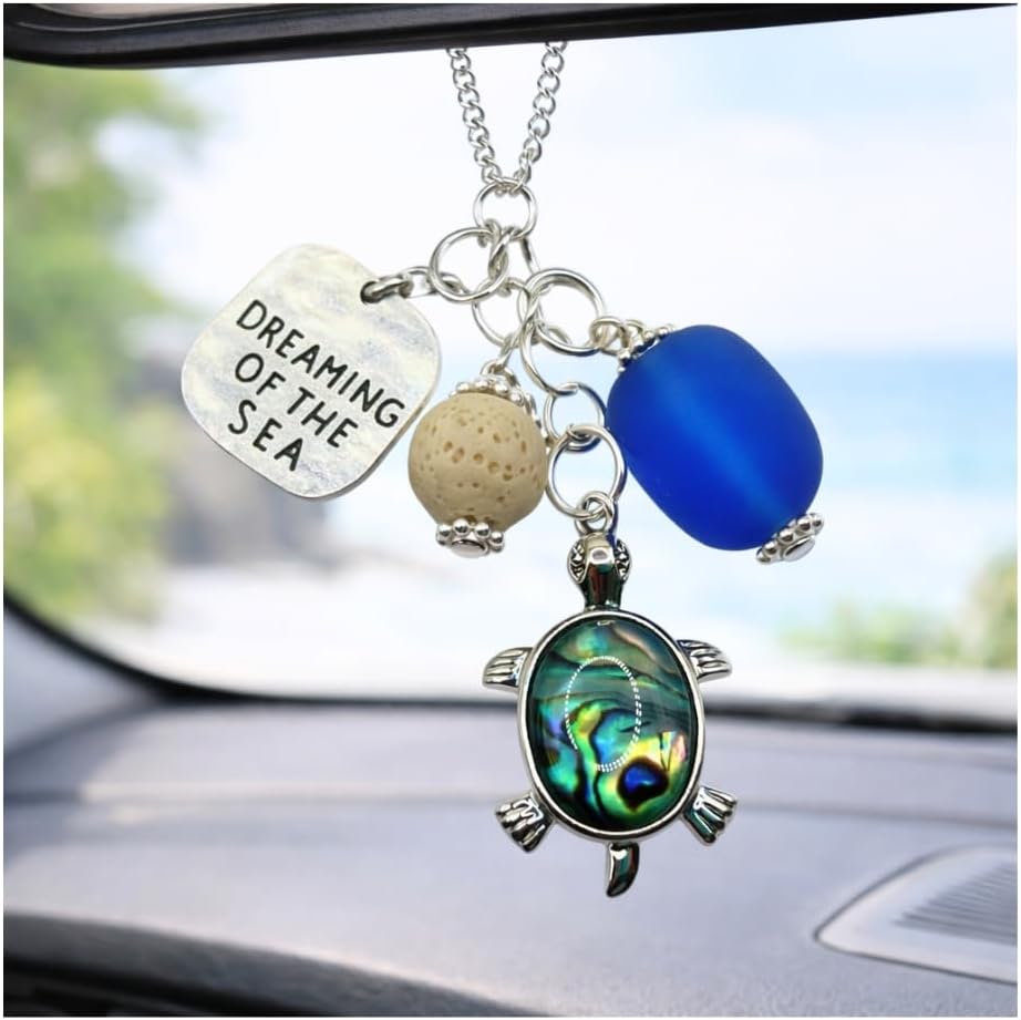 Sea Glass Rear View Mirror Charm - Sea Glass Essential Oil Diffuser for Car - Beach Gifts for Women - Abalone Shell Turtle - Image 2