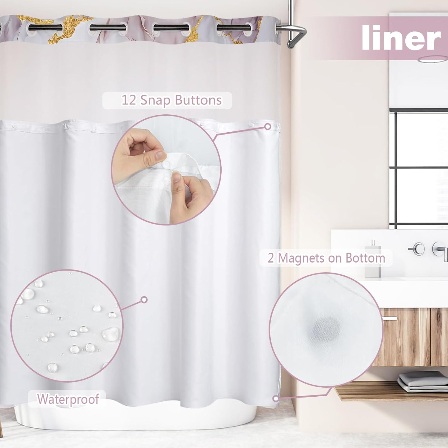 No Hook Shower Curtain with Snap in Liner Set, Grey Purple and Gold Marble Floral Fabric Shower Curtain for Bathroom Hotel 71x74 Inches