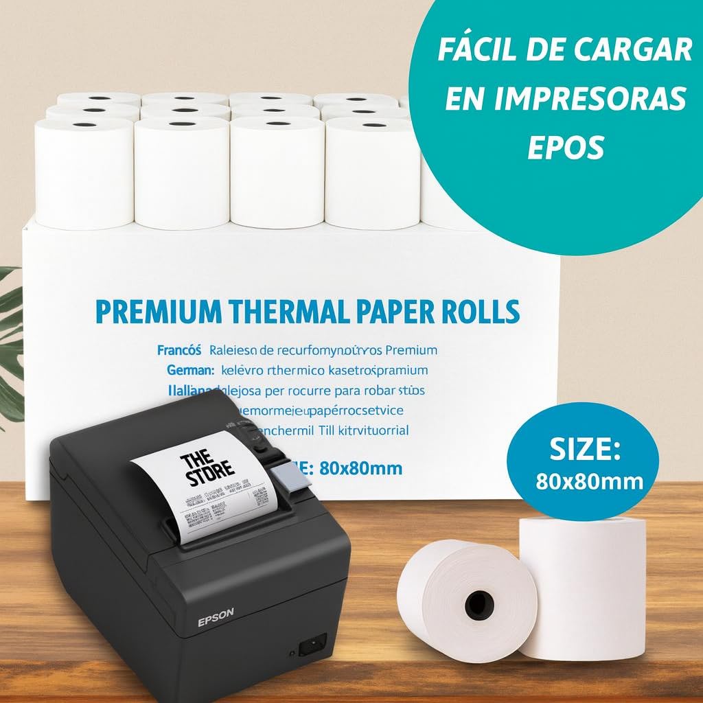 Rollo de Papel Térmico 80x80 mm | Caja de 50 Unidades | Papel Térmico para Impresora TPV, Registradora y Tickets de calidad Sin BPA y con Canuto de Cartón | Ideal para Hostelería y Comercio