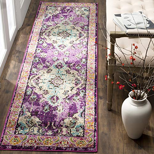 SAFAVIEH Boho Teppich für Wohnzimmer, Esszimmer, Schlafzimmer - Monaco Collection, Kurzer Flor, Violett und Hellblau, 66 X 244 cm