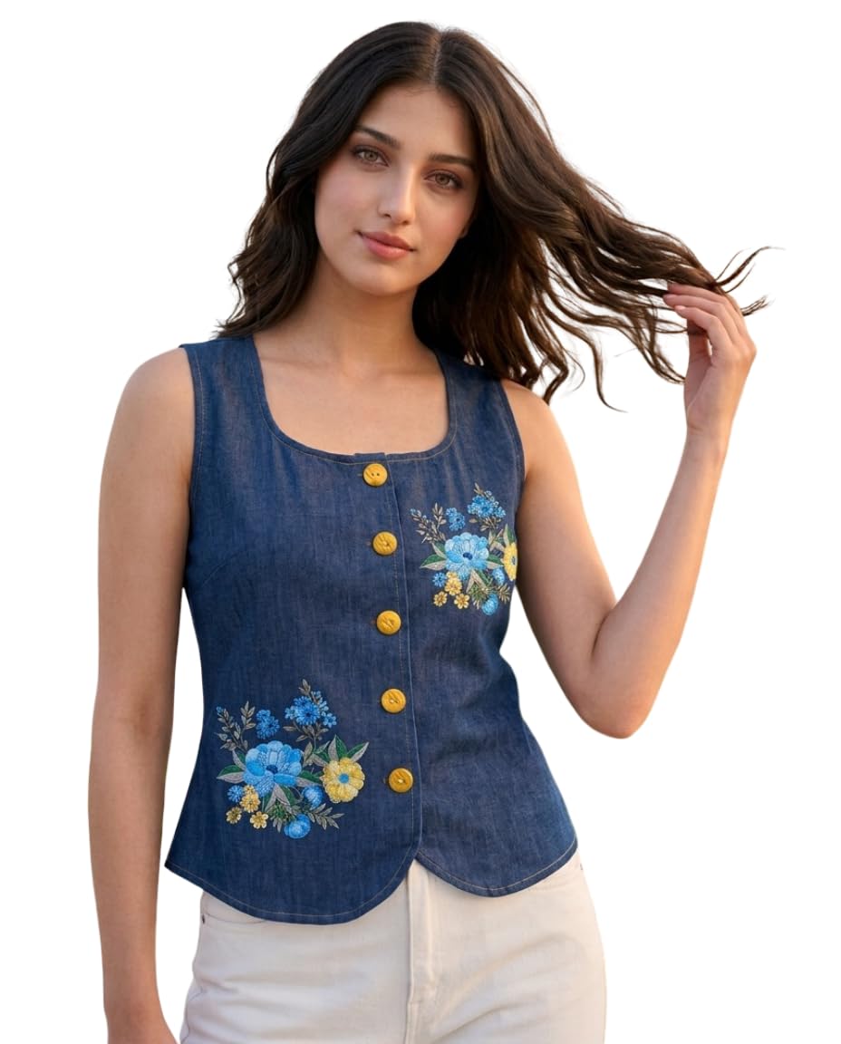 Denim Sleeveless top || Women's Casual Embroidered Floral Print Top || Sleeveless Front Open Soft Denim Top-picture-30