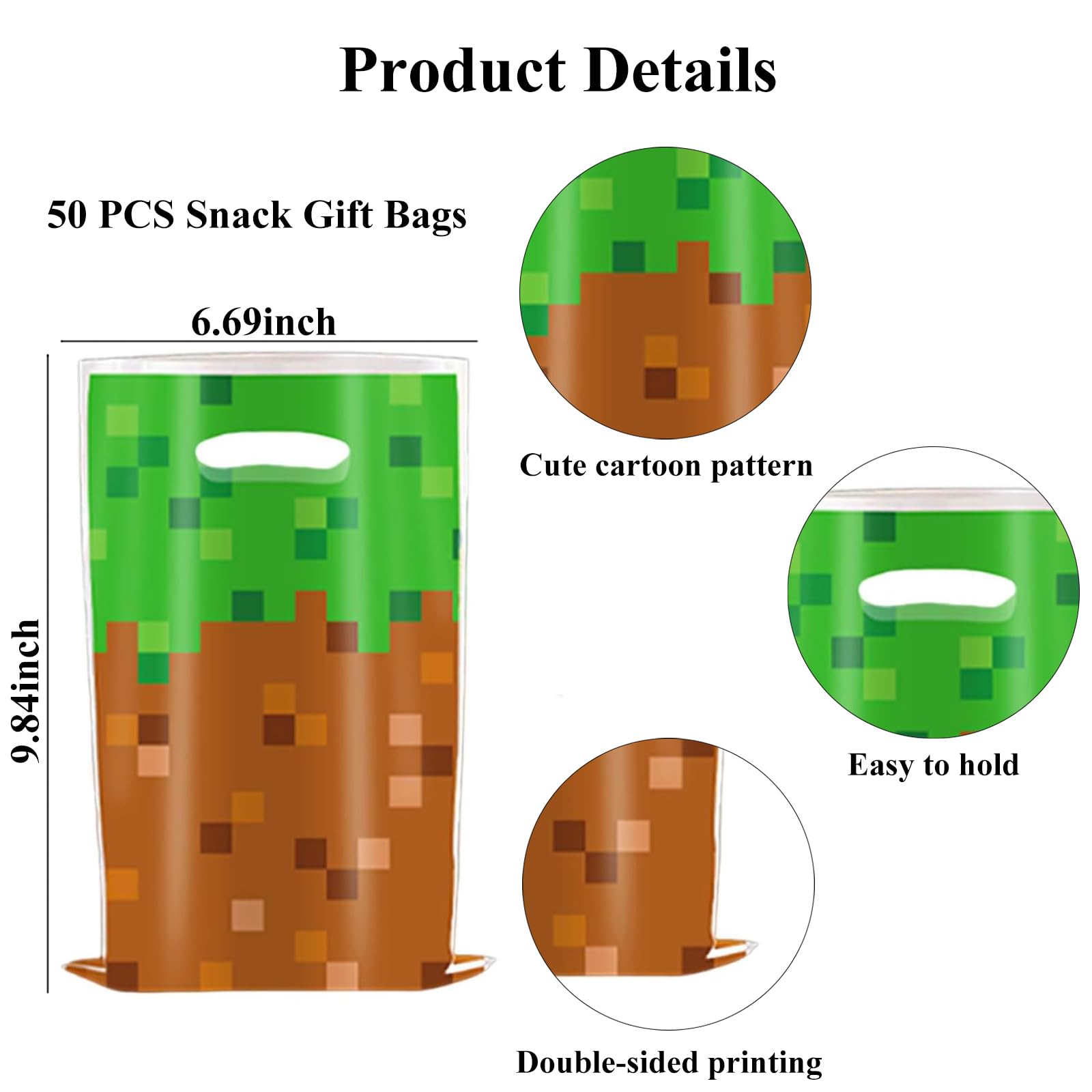50Pcs Pixel Party Favors Bags, Video Game Goodie Bag with Handles for Birthday Party Theme Candy Treat Cookie Bags Green and Brown Video Game Theme Party Goodies Candy Snack Treat Bags