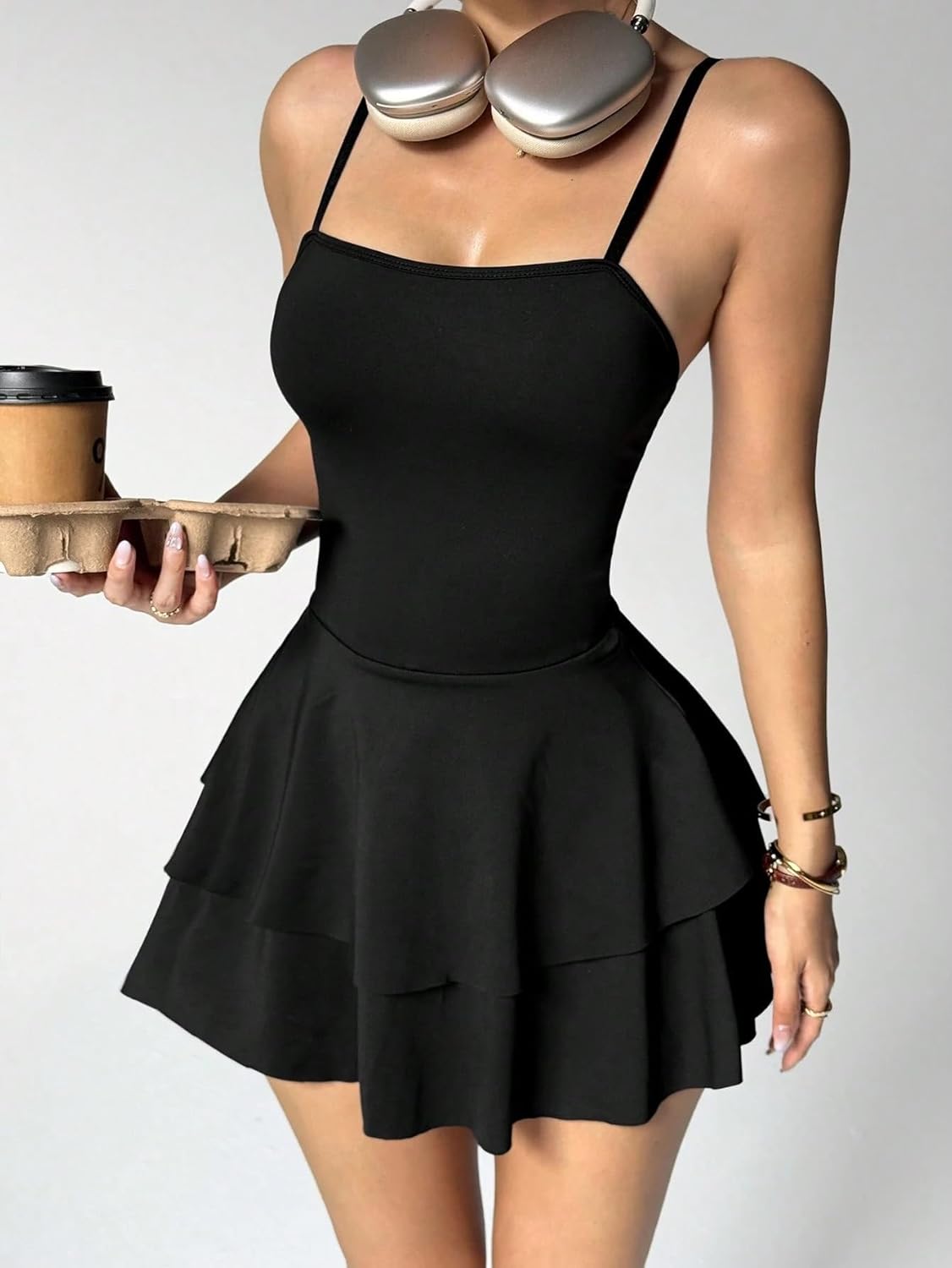 Rompers for Women Summer 2026 Wide-Leg Jumpsuit With Double Ruffled Skirt And Pockets