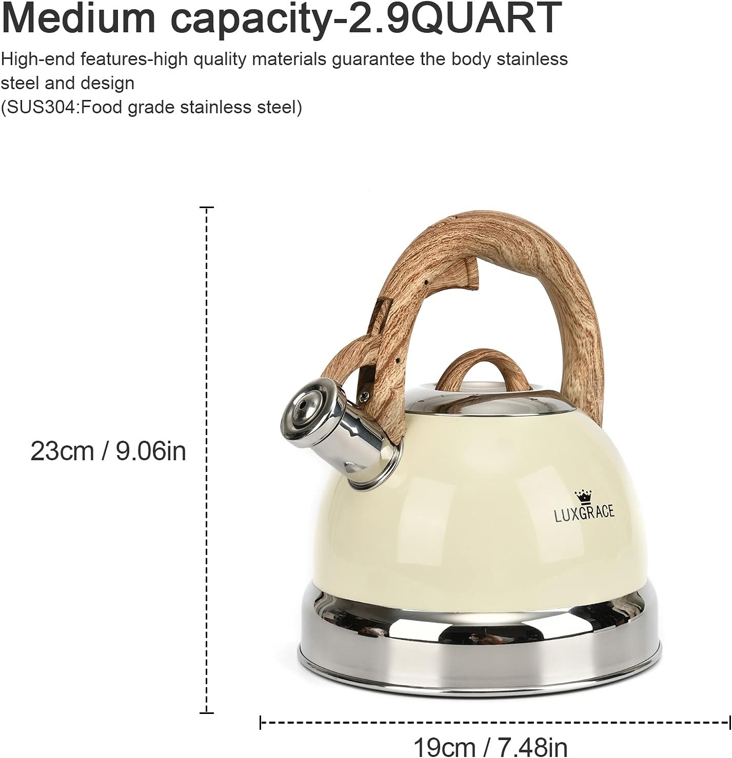Creative Home 3.0 Qt. Stainless Steel Whistling Tea Kettle, Creamy White | Ergonomic Wood Rubber Touching Handle, Fast Boiling Heat Water, Induction Stove Top Compatible