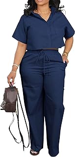 Women Linen 2 Piece Outfits Short Sleeve Button Down Crop Top Drawstring...