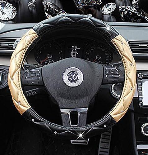 Follicomfy Leather Auto Car Steering Wheel Cover,Anti Slip Comfort Elegant Universal 15 Inch,Black&Gold