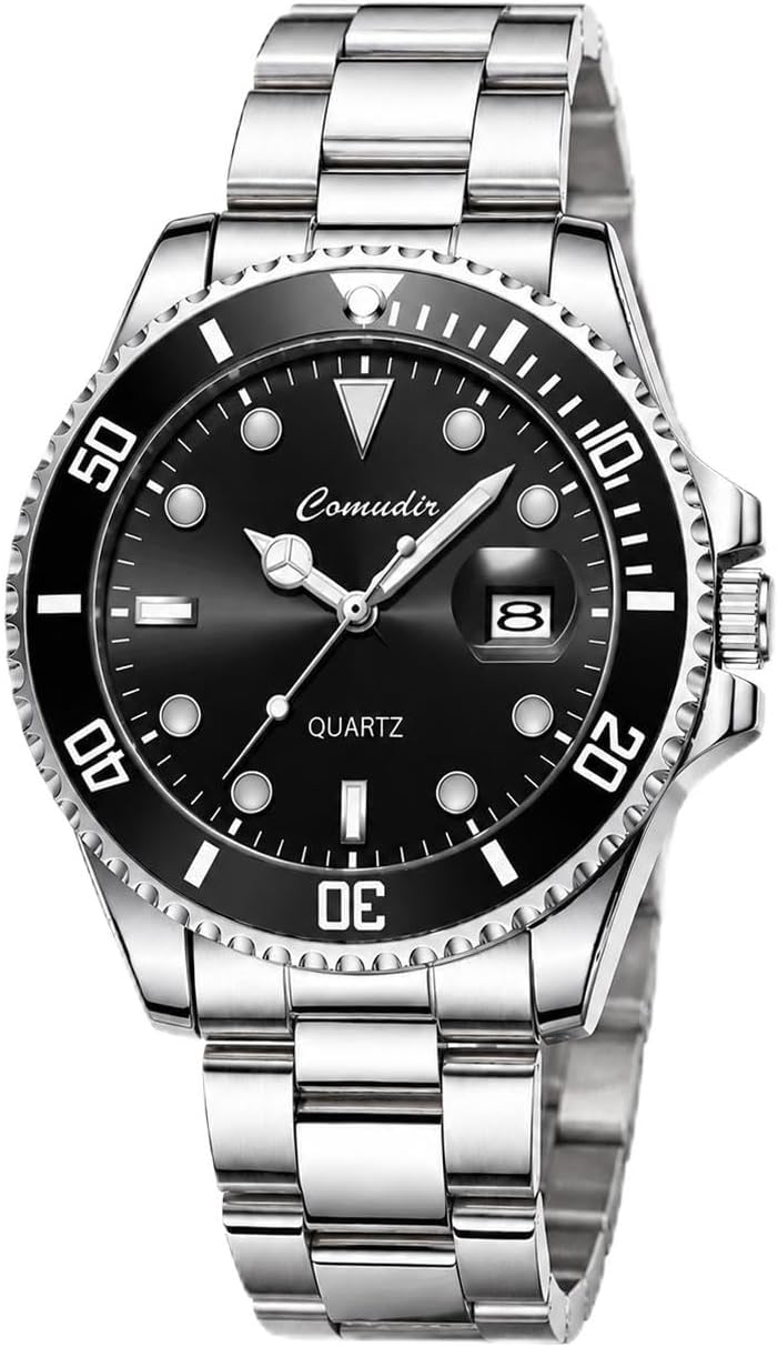 PASOY Men’s Black Dial Watch, Quartz Analog Wristwatch with Metal Bracelet