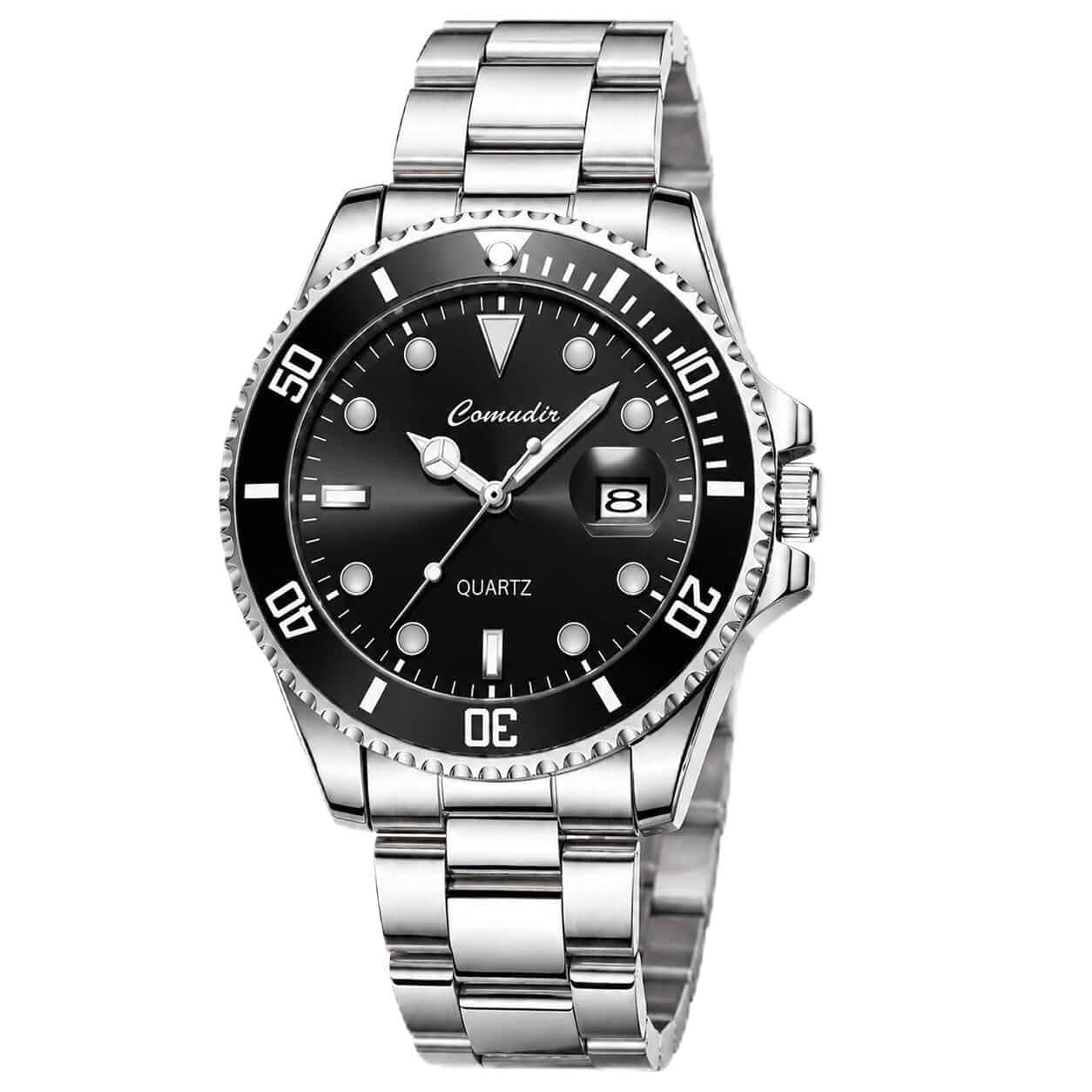 PASOY Men's Black Dial Watch, Quartz Analog Wristwatch with Metal Bracelet Date Display • Waterproof • Luminous • Diver-Inspired Style • Casual Business Wear • Stainless Steel Bracelet