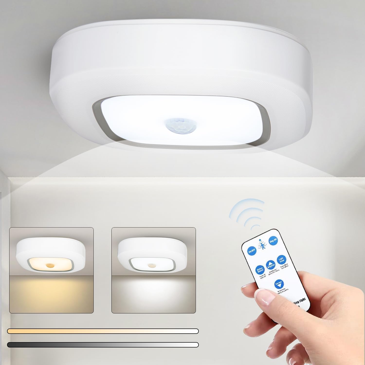 Motion Sensor Light Indoor with Remote, 3000K&6000K Color Changeable Battery Powered Closet Light, 300LM Dimmable Ceiling Light for Closets Shower Garage Hallway