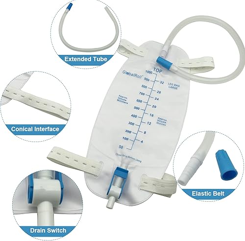 Miniatura 3 de Bolsa de drenaje urinario para piernas, bolsa de orina para piernas con volumen de 33.8 fl oz, 2 bandas elásticas ajustables, bolsa urinaria