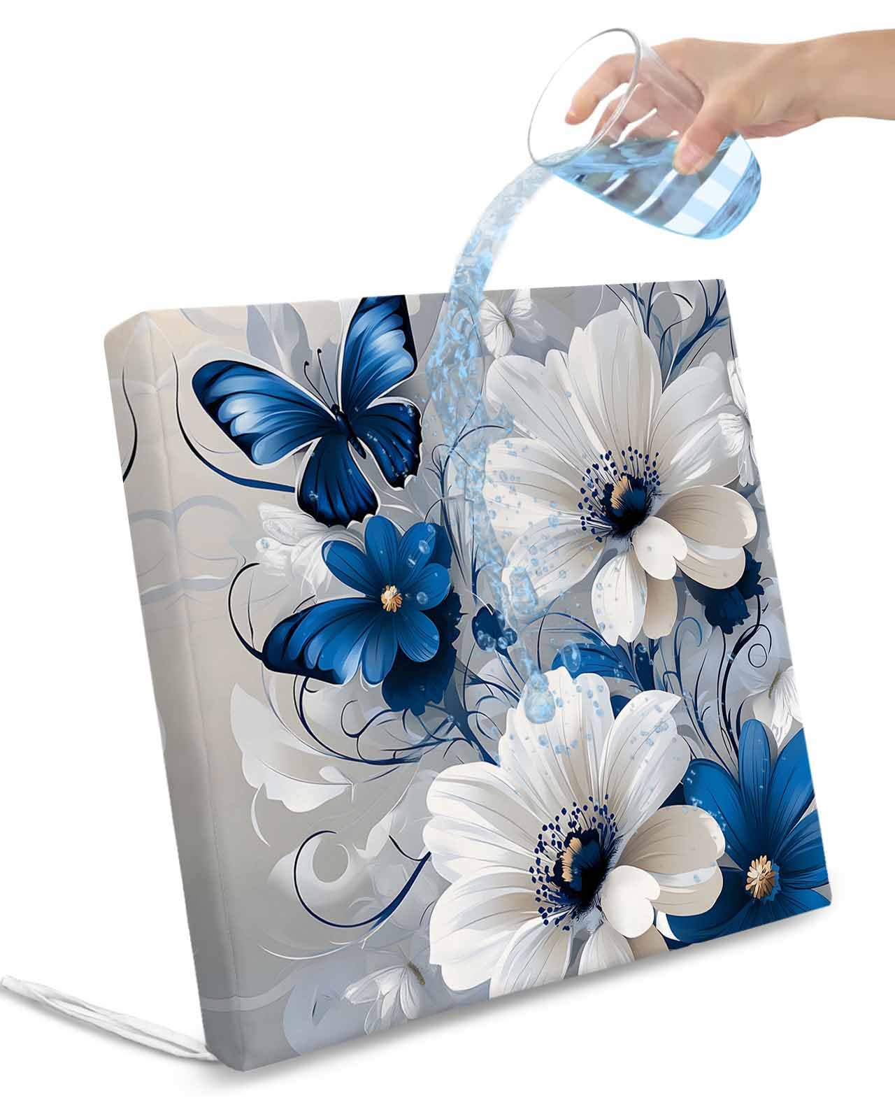 2 Pack White Blue Flowers Waterproof Cushion Covers with Ties, Outdoor Patio Chaise Lounge Chair Seat Cushion Slip Covers Replacement(Only Cover) Modern Elegance Butterfly Floral 22