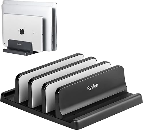 Miniatura 9 de Soporte vertical para laptop, almacenamiento ajustable de 2 ranuras para laptop con acolchado de goma, soporte múltiple para computadora portátil