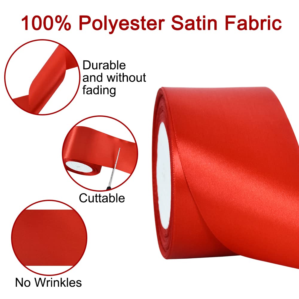 TONIFUL Red Satin Ribbon 3 Inch X 25yds Solid Silk Ribbons for Gift Wrapping Craft, Floral Bouquets - Image 3