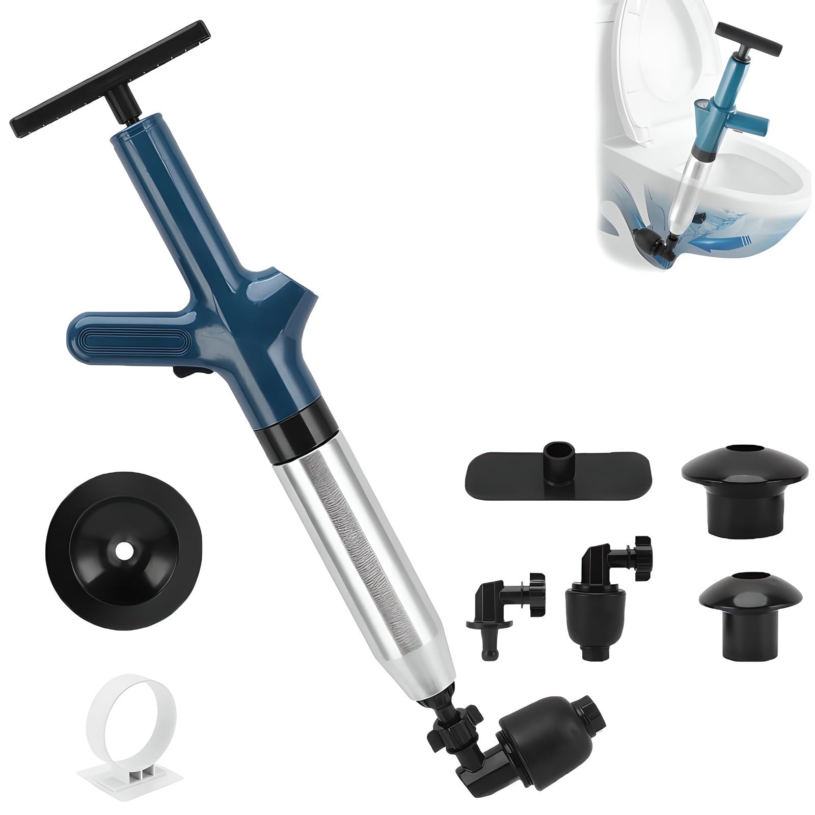Desatascador inodoro lavabo y tuberías con kit de cuatro cabezales y base