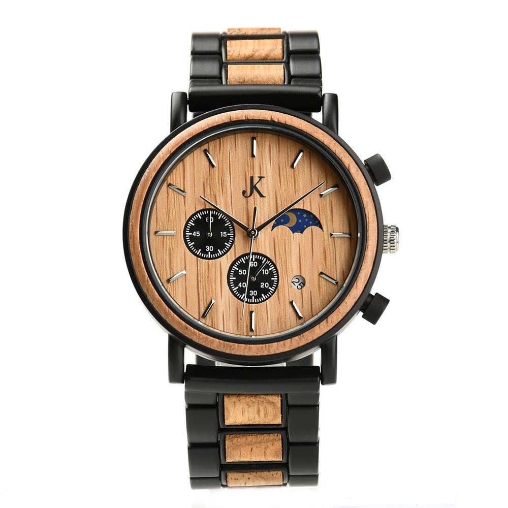 Kim Johanson Herren Holz-Edelstahl Armbanduhr *Military* in Hellbraun Chronograph mit Sonne & Mond Anzeige & einem Gliederarmband Handgefertigt Quarz Analog Uhr inkl. Geschenkbox