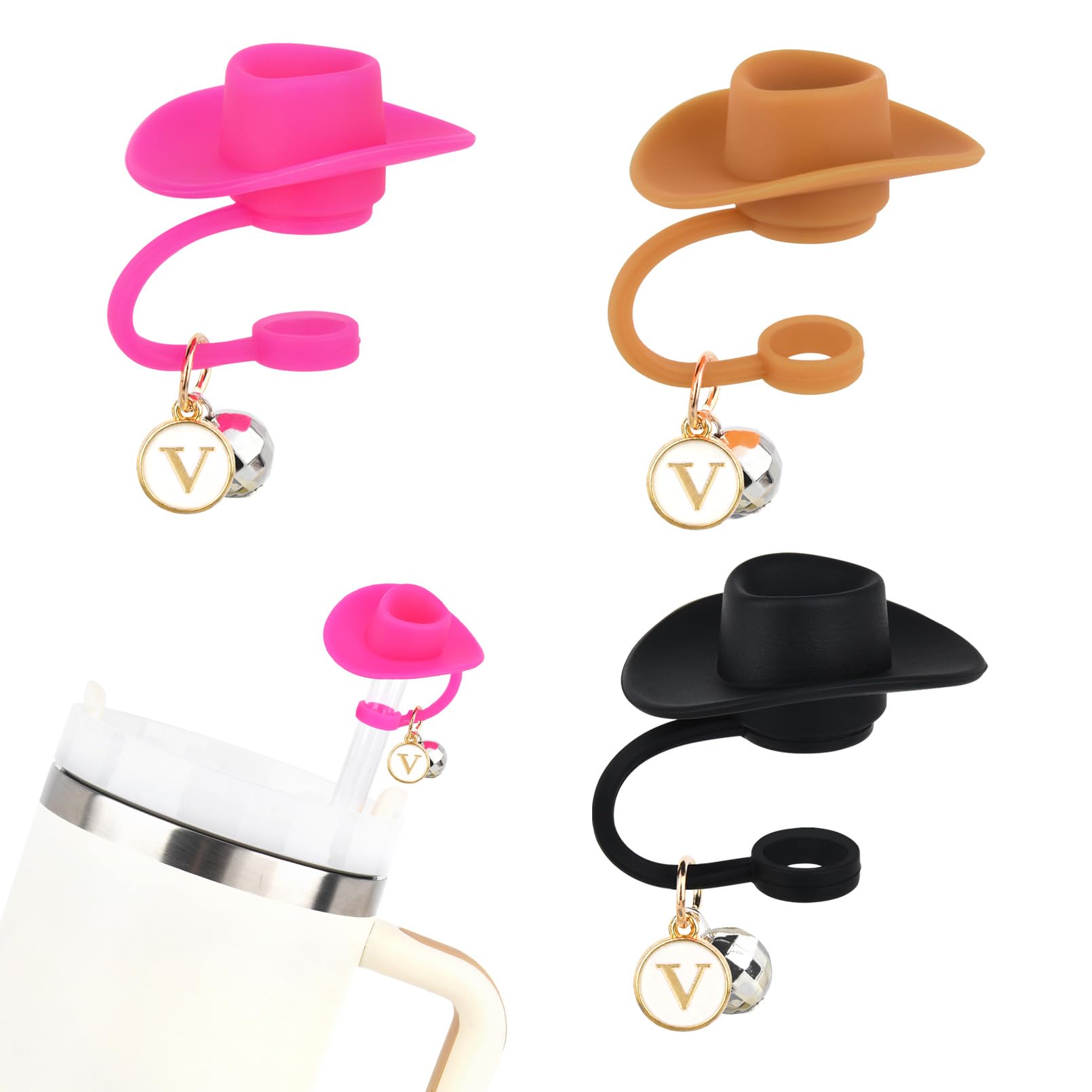 3PCS Cowboy Hat Disco Ball Straw Cover with Letter Charm Personalized Initial Straw Toppers Fits for Stanley Cup 30&40 Oz Disco Cowgirl Party Western Cup Accessories Gift -V