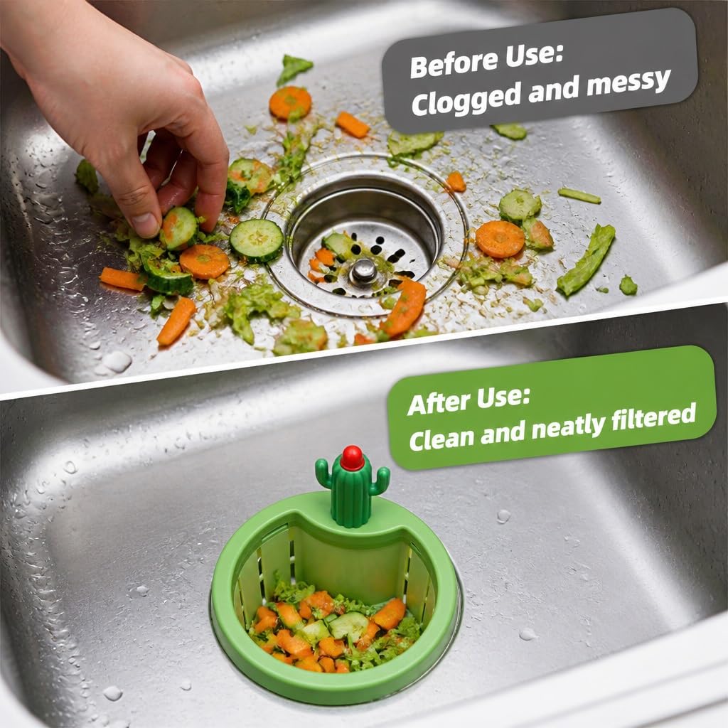 Filtro Lavandino Cucina Divertente a Forma di Cactus, Cestello Filtro per Lavello con Maniglia di Sollevamento, Raccoglitore Avanzi di Cibo Autopulente, Scarico Facile a Pressione(A)