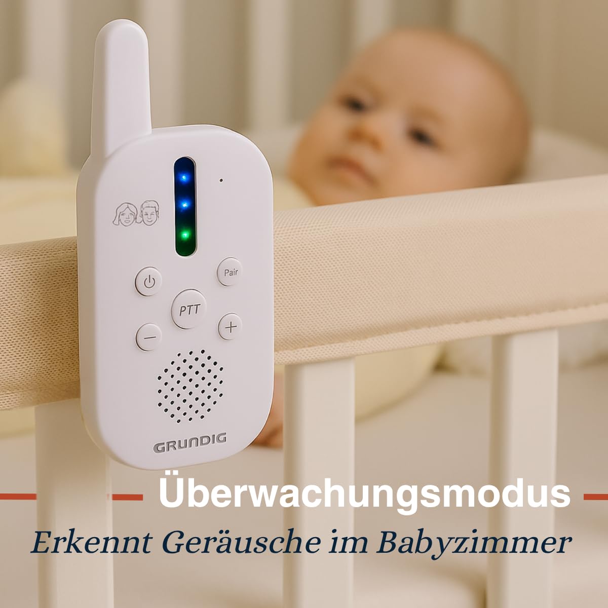 Grundig DECT Audio-Babyphone – Babyfon mit 150 m Reichweite – Eltern-Kind-Einheit – mit LED-Tonanzeige und Gegensprechfunktion – Kinderzimmer-Zubehör – Weiß