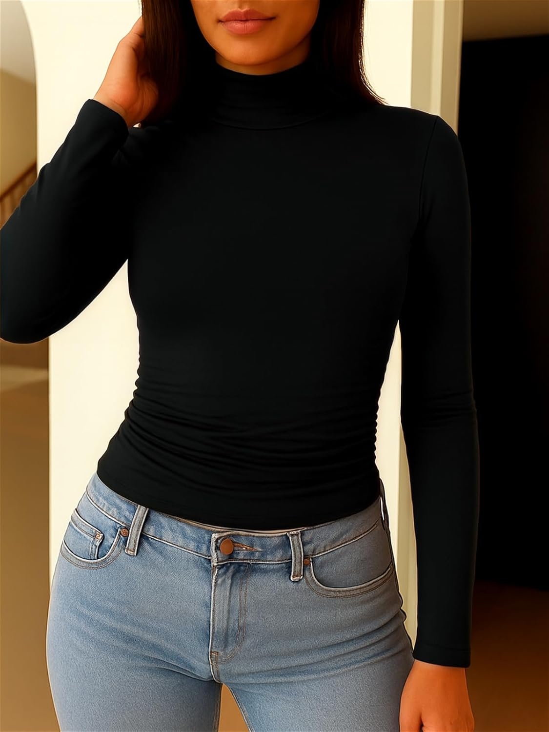 ForeFair Women's Mock Turtleneck Long Sleeve Going Out Tops Ruched Double Lined Tight Basic Tee Shirts - Image 2