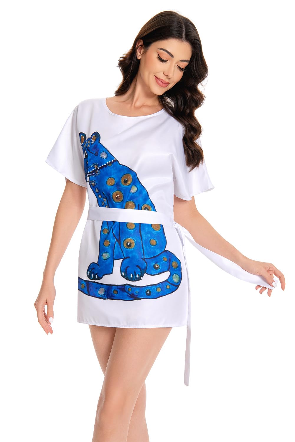 Anni Frid Costume Chat T-shirt Femme Vintage Rétro Robe Halloween Carnaval Merch avec ceinture Blanc