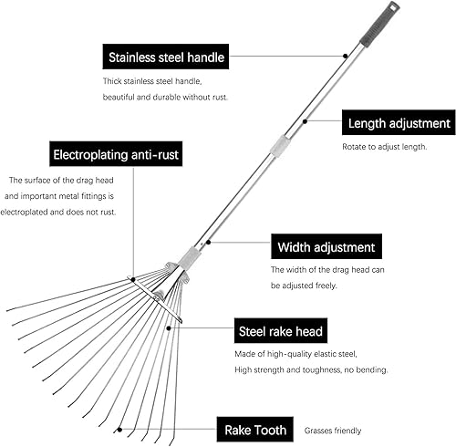 Miniatura 2 de Buyplus Rastrillo ajustable para hojas de jardín, rastrillo telescópico de metal expandible de hojas plegables de 24 a 63 pulgadas, rastrillos de