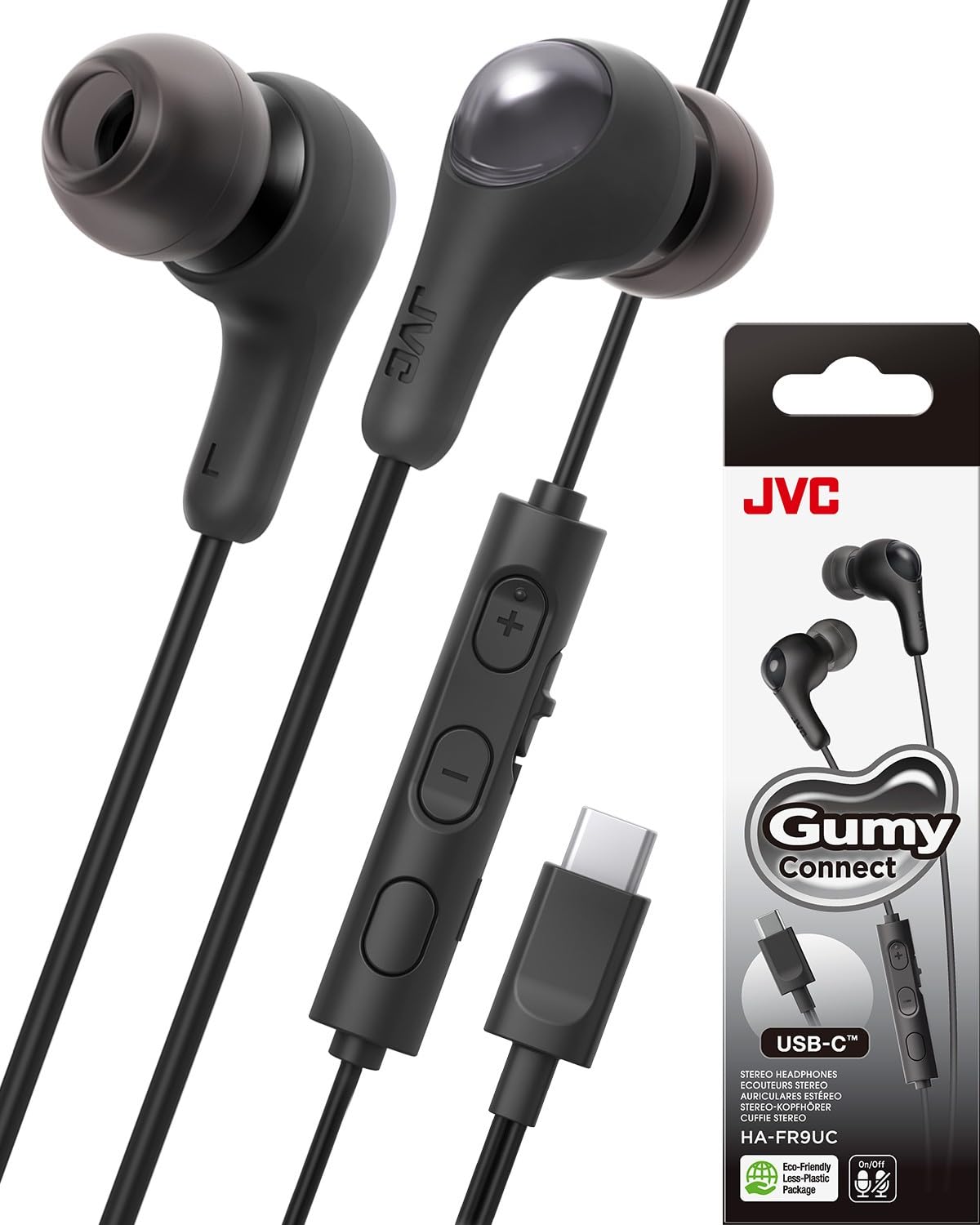 Gumy Connect USB-C Wired Earbuds Headphones, Delay-Free for Videos and Gaming, Built-in DAC Reduces Noise and Improves Sound Quality, 9.2 mm Diameter Neodymium Drivers - HAFR9UCB (Black)
