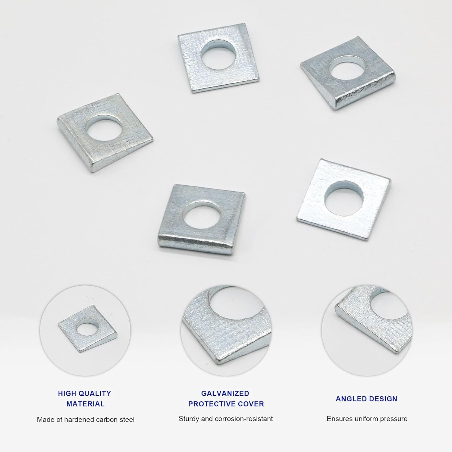 10 Pcs 3/8"(ID) Beveled Square Washers, Plain Carbon Steel Galvanized Wedge Shaped Washer, 7/8 x 7/8 Inch Metal Shims for Leveling, 1.5 to 5 mm Thickness, Sliver