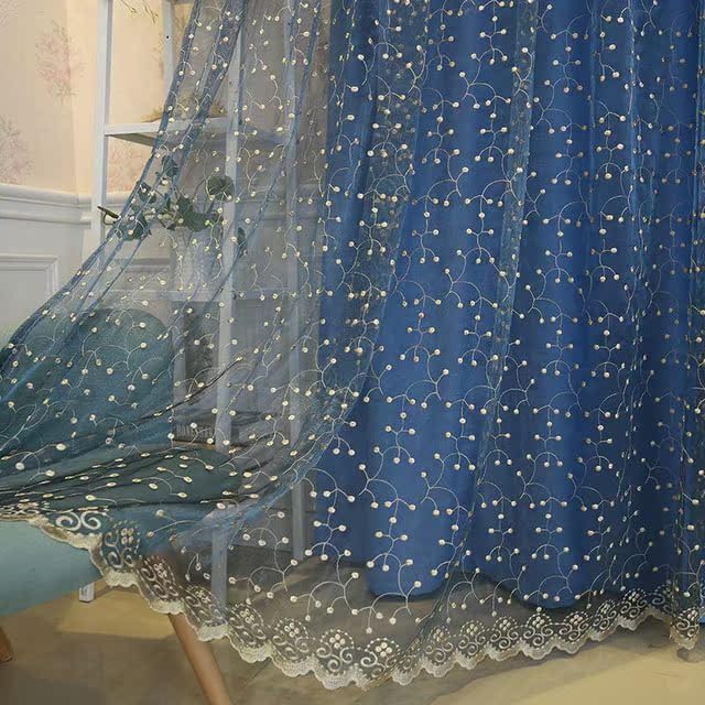 HooHero Blue Countryside Style 100 Width Sheer Curtains Window Treatments Rod Pocket Top Style Embroidered Voile for Kids Nursery Room Bedroom