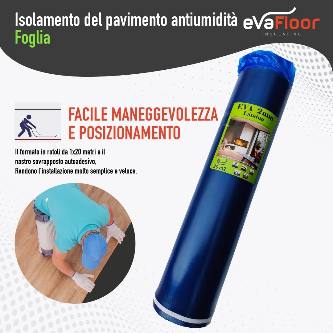 Pack 2 Sottopavimento per Laminato 1x20 metri | Sottofondo Isolante | Realizzato con Base in EVA 2mm + Strato Antiumidità | Include Adesivo