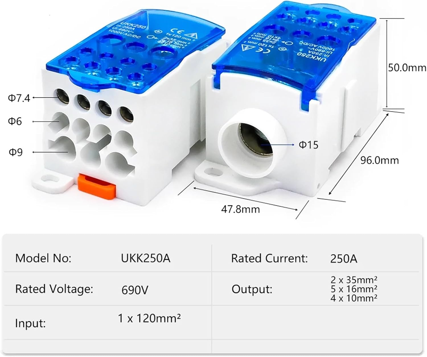 1pcs UKK-250A Power Distribution Block High-Current Terminal 250A Secure DIN Rail Connection Conductor