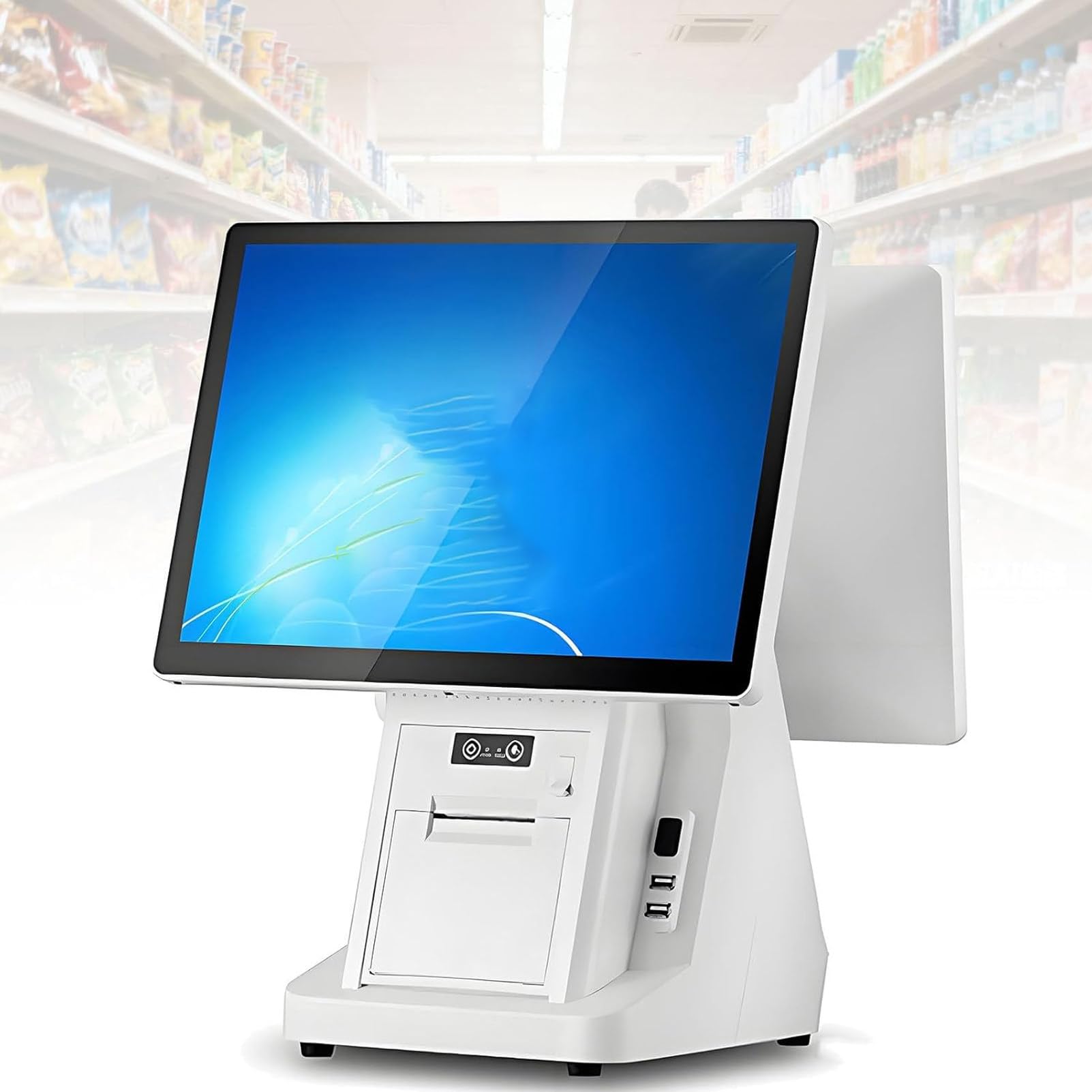 Feiphla Cash Register Till, 15.6 Inch Touch Screen PC POS Systems for Small Business, All in One Smart Touch Screen Cash Register POS for Retail Restaurant/Salons Single-screen DualScreen-A（58mm）