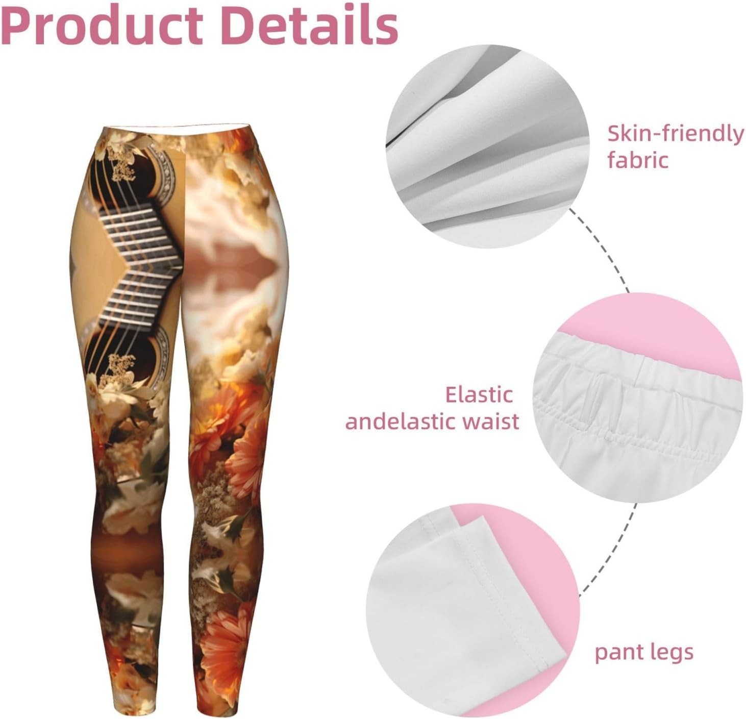 Flowers Guitar Print Women's Leggings,Breathable Fitness Clothing,for Gym,Running and Hiking