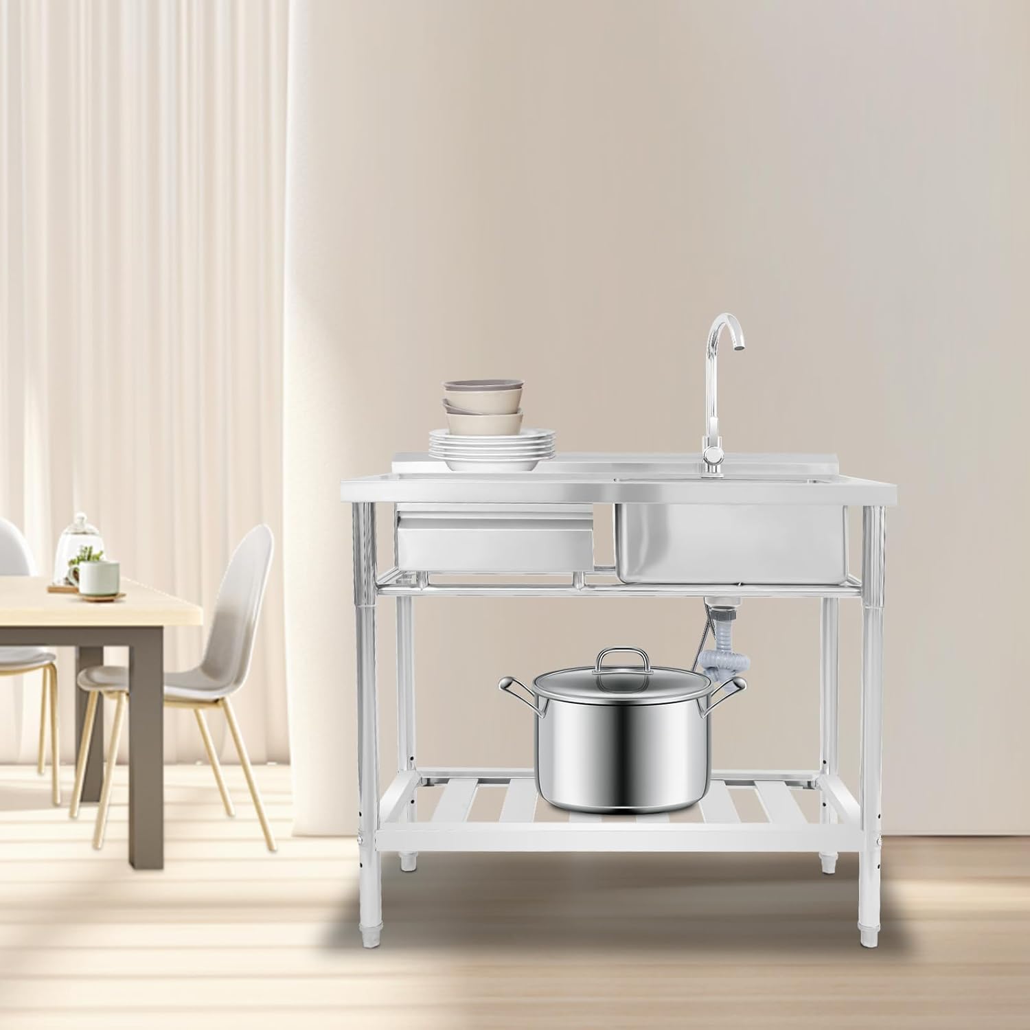 Freestanding Kitchen Sink with Storage, 39 Inch 304 Stainless Steel Utility Sink with Drawer & Faucet, 661 lbs Capacity Single Bowl Sink for Laundry Room Garage Basement (Left-hand drawer)