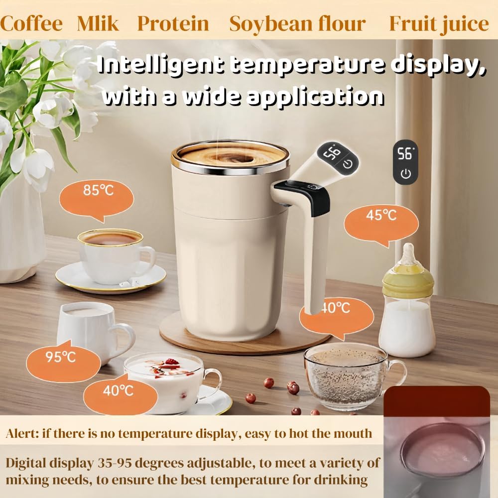 Automatic Magnetic Stirring Coffee Mug New Electric Protein Shaker Bottle Smart Temperature Digital Display Mixing Cup (Off white)