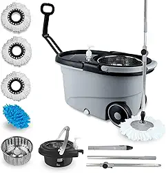 Mop Giratório Cinza 16 Litros Cabo 150cm Cesto Em Inox Alça E Roda Com Refil De Microfibra Tira Pó Limpeza Pesada -Nybc